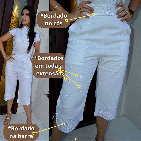 Pantacourt Linho 60% Cor Branco com Bordados em sua Extensão e Cós