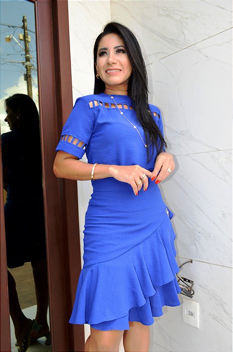 Saia Crepe Azul Bic Média com Babado e Corte Assimétrico