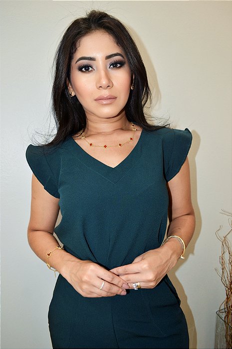 Blusa Alfaiataria Parisi II Verde Petróleo Cropped com Decote em V e Recortes Atrás