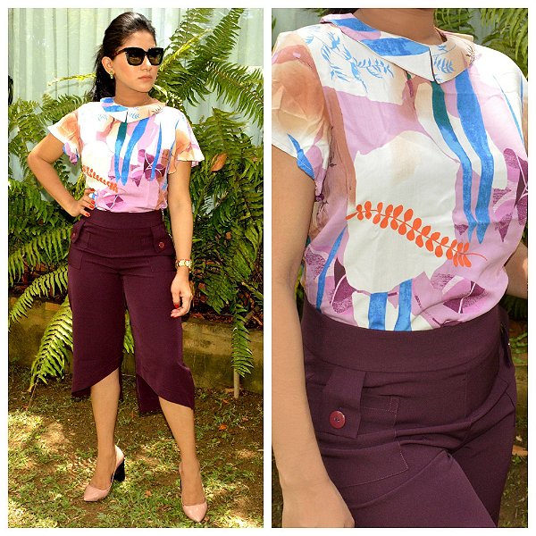 Blusa Feminina Estampa Violeta Manga Curta Gola Romântica