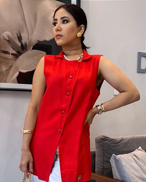 Blusa Estilo Colete Linho Vermelho Longo