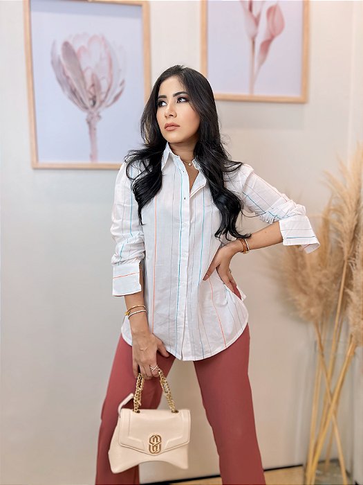 Camisa Algodão Listras Azul Com Listras Bordadas Manga Longa Cem Por Cento Algodão com Gola Nervuras nos Punhos e Pala n