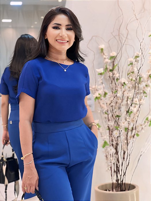 Blusa Shifon Azul Bic Manga Média Manga Assimétrica Blusa Forrada com Tecido Duplo