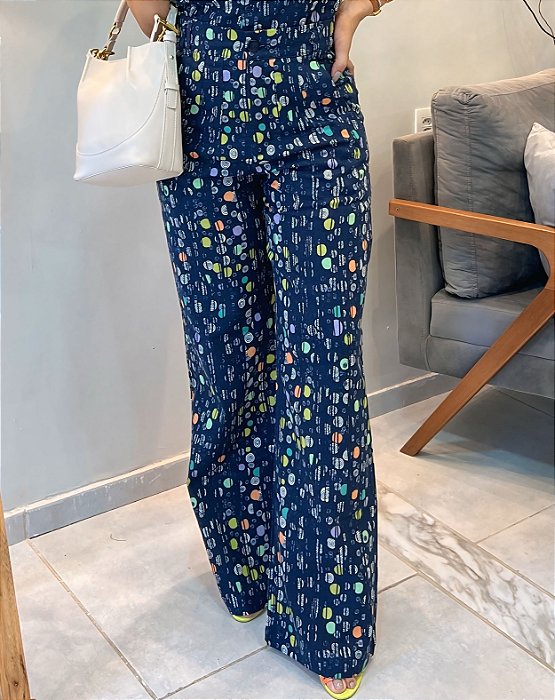 Calça Linho Mesclado Azul Marinho Estampado Pantalona com Cintura Alta com Passantes Bolsos Frontais e Bolsos Traseiros
