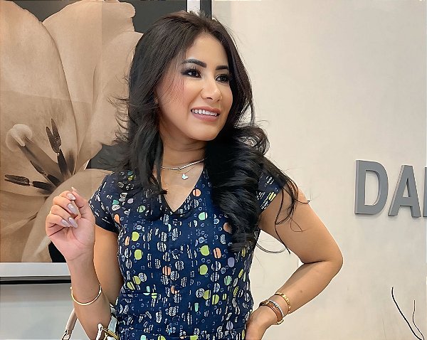 Blusa Linho Mesclado Azul Marinho Estampado Estilo Colete Ajustada com Manguinha e Botões na Frente