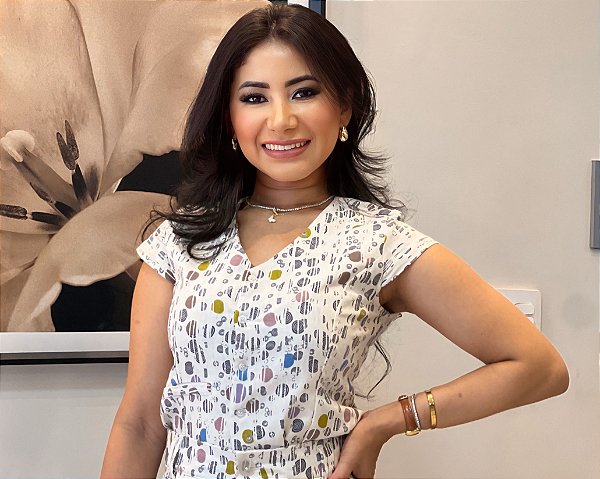 Blusa Linho Mesclado Estampa Natural  Estilo Colete Ajustada com Manguinha e Botões na Frente