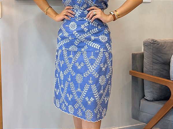 Saia Lese Azul Indigo Midi com Bolsos e Babados e Acabamento Especial na Barra