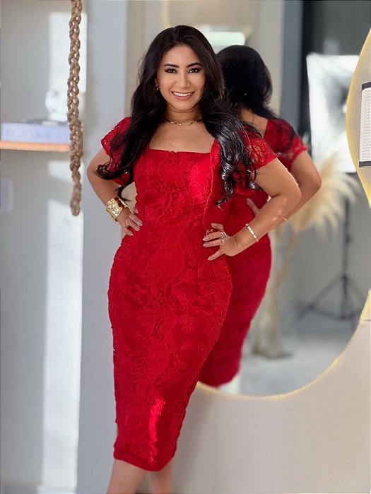 Vestido Alfaiataria e Shifon Bordado Vermelho Reto Ajustado com Mangas Comprimento Midi