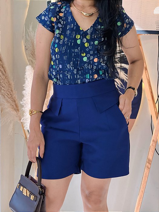 Short Visco Trench Azul Marinho  Com Bolsos Verdugos E Elástico Atrás