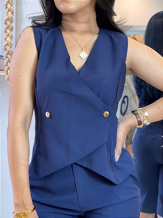 Blusa Visco Trench Azul Marinho  Estilo Colete Ajustado Com Decote V E Botões Metalizado