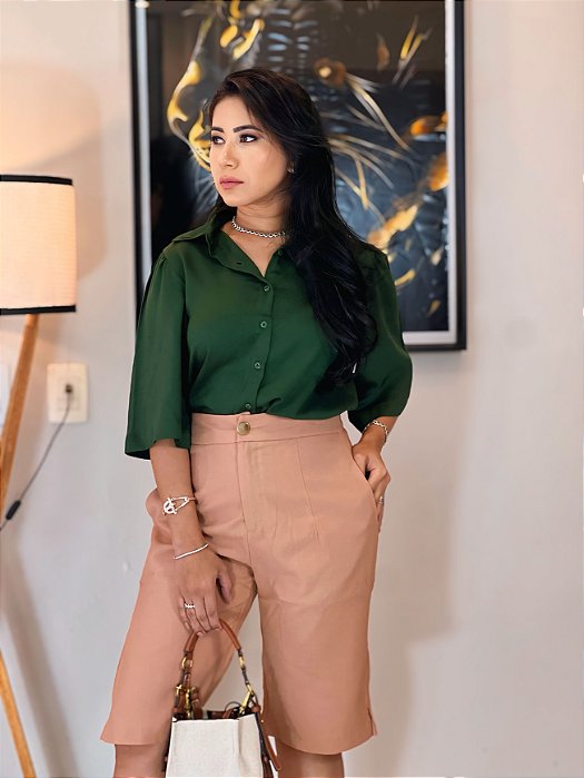 Bermuda Visco Trench Rosa Seco Bermuda Zíper Frontal, Bolso Verdugo E Elástico Atrás