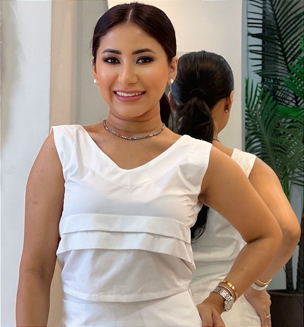 Blusa Tricoline  Branca Blusa Cropped Cavada Decote V E Elástico Atrás