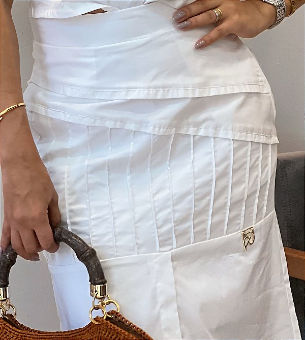 Saia Tricoline  Branca Saia Midi Com Nervuras Finas E Fenda Central