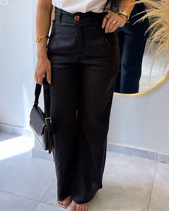 Calça Linho Preto Pantalona Com Bolsos Verdugos Assimétrico Frente, Bolsos Verdugos Atrás E Elástico Na Cintura