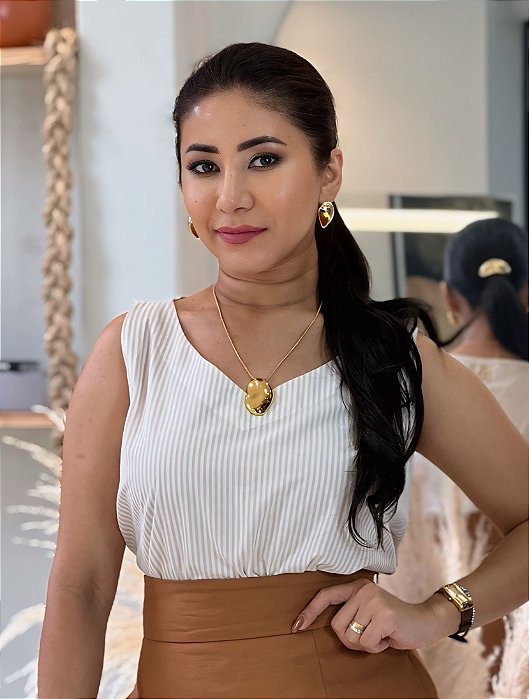 Blusa Tricoline Listras Natural E Branca Cavada Decote V