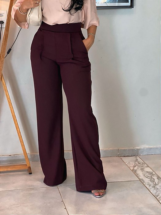 Calça Alfaiataria Way Figo Pantalona Com Bolsos Frontais E Traseiros Elástico No Cós E Zíper Lateral