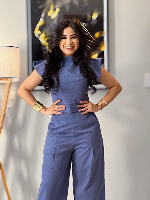 Calça Alfaiataria Azul Jeans Pantalona Evasê Com Passantes E Bolsos Frente