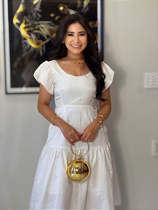 Vestido Seda Trabalhada Branco Gelo Decote V Bolsos Frontais Mangas e Babados Barra Franzidos