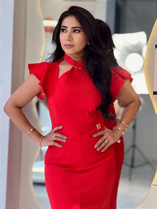 Vestido Alfaiataria Barbie Vermelho Universal Reto Com Assimetria No Colo E Barra, Bolsos Frente E Gola