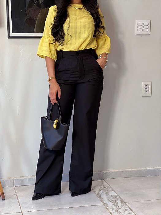 Calça Algodão Preta Pantalona com Cintura Alta com Passantes Bolsos Frontais e Bolsos Traseiros Verdugos Funcionais Cem