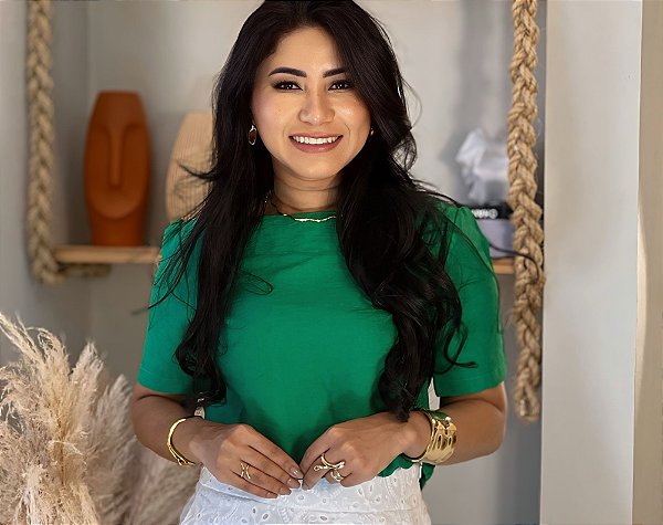 Blusa Crepe Amalfitano Verde Clássica Com Gola Redonda E Manga Média