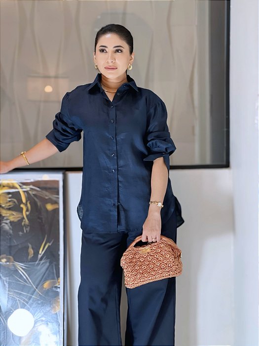 Camisa Linho Azul Marinho Oversized, Com Botões, Gola E Punho Largo