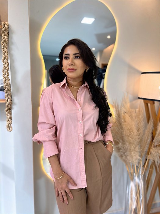 Camisa Tricoline Rosa Pastel Oversized, Com Botões, Gola E Punho Largo