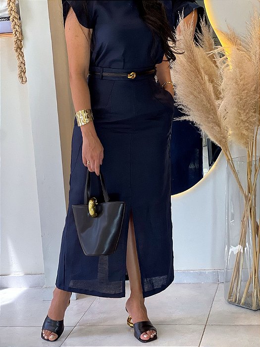 Saia Linho Azul Marinho Longa Com Bolsos, Fenda Frontal E Traseiro, Elástico Atrás E Passantes