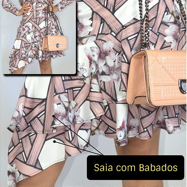 Saia Crepe Luzy Estampa Rosê com Babados Assimétricos com Finos Acabamentos