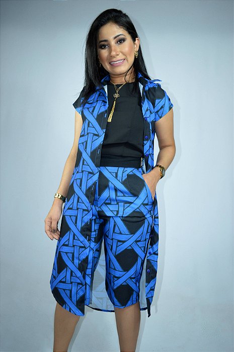 Bermuda Crepe Luzy Estampa Azul Royal Clássica
