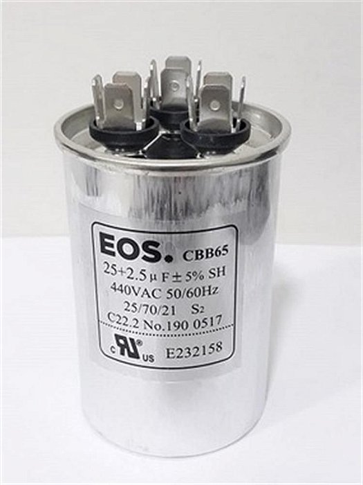 Capacitor permanente duplo 25+2.5 MFD 440V com terminal EOS