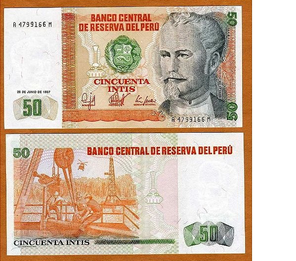 Cedula Peru 50 Intis 1987 - Fe