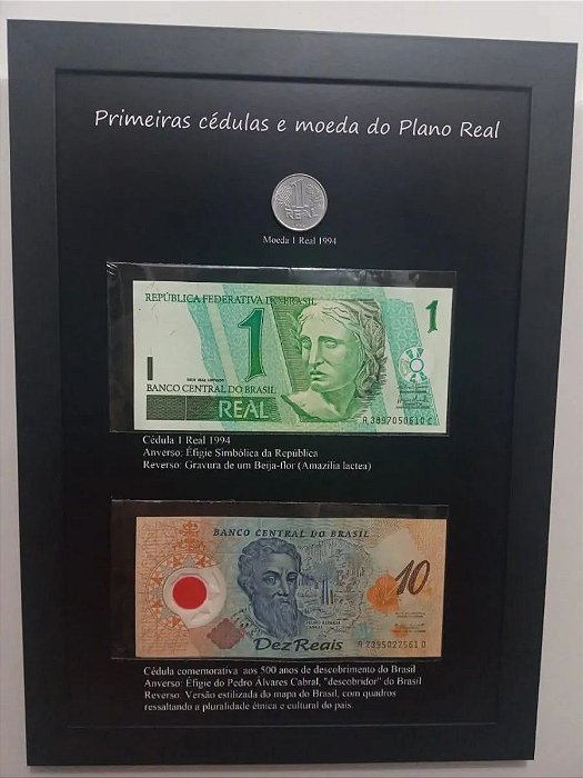 Quadro com Cédula 10 reais plástico polímero + Cédula 1 real  + moeda 1994 inox COMPLETO