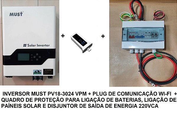 Inversor solar PV18-3024 VPM MUST 3kv 24/220V + Plug Wi-Fi de Monitoramento + QUADRO