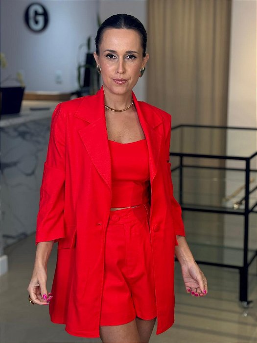 Maxi Blazer Feminino Alfaiataria Manga 7/8 Linho Misto Tomate