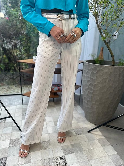 Pantalona Feminina Alfaiataria Crepe Risca de Giz Branco