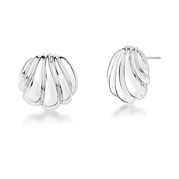 Brinco De Concha Trabalhado Curvo E Liso Banhado A Ródio