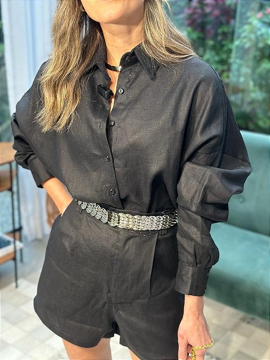 Shorts Feminino Alfaiataria Linho 100% Livia Preto