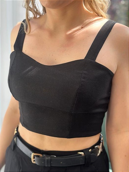 Top Cropped Feminino Alfaiataria Recortes Com Botões Preto