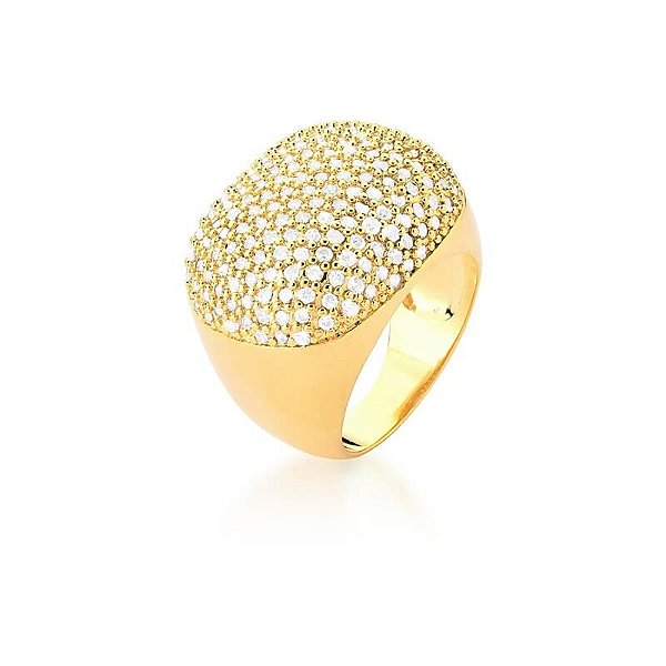 Anel Oval com Zircônias Brancas Banhado a Ouro