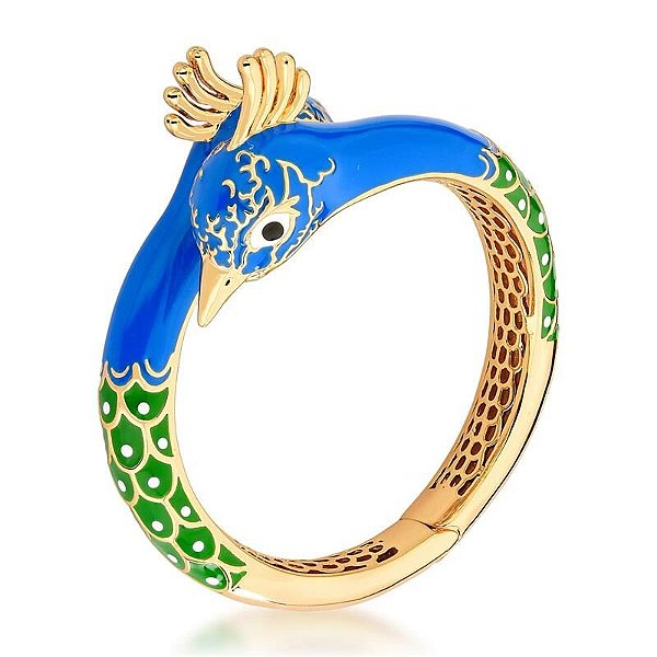 Bracelete De Pavão Esmaltado Azul Banhado A Ouro