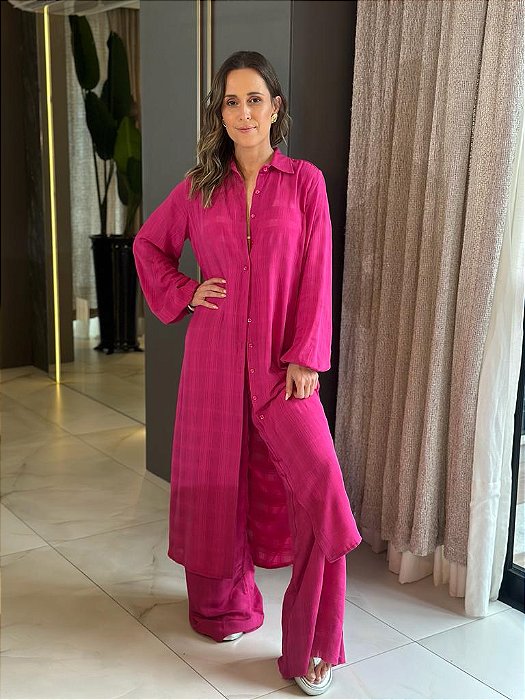Camisa Feminina Longa Viscose Jacquard Aurea Fúcsia
