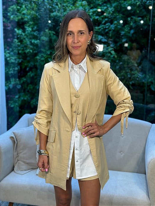 Maxi Blazer Feminino Alfaiataria Manga 7/8 Camel