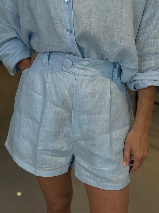 Shorts Feminino Alfaiataria Linho 100% Livia Azul