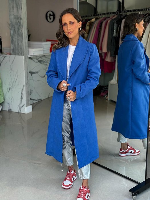 Sobretudo Feminino Lã Batida Comprimento 7/8 Azul Bic