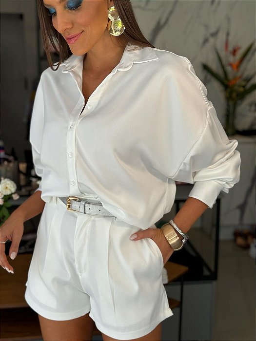 Shorts Feminino Alfaiataria Crepe Acetinado Livia Branco