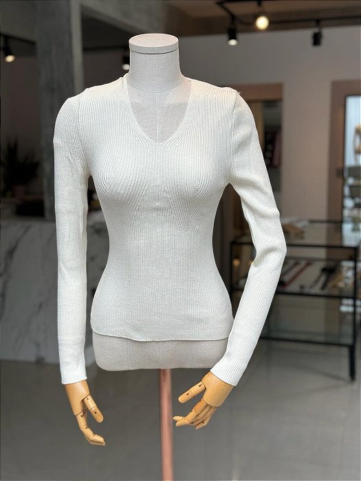 Blusa Feminina Tricô Canelado Decote V Pérola