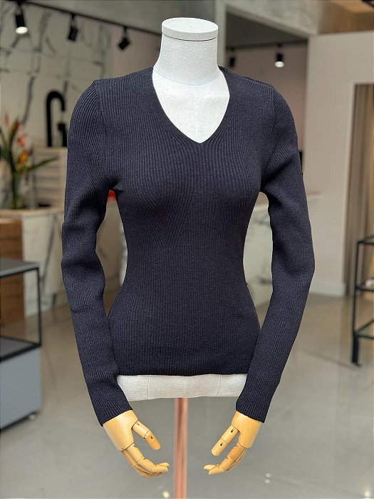 Blusa Feminina Tricô Canelado Decote V Preto