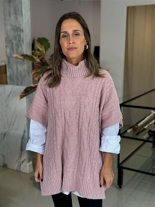 Colete Poncho Feminino Tricô Gola Alta Rose