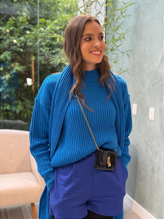 Blusa Feminina Tricô Desagulhado Gola Alta Azul Bic